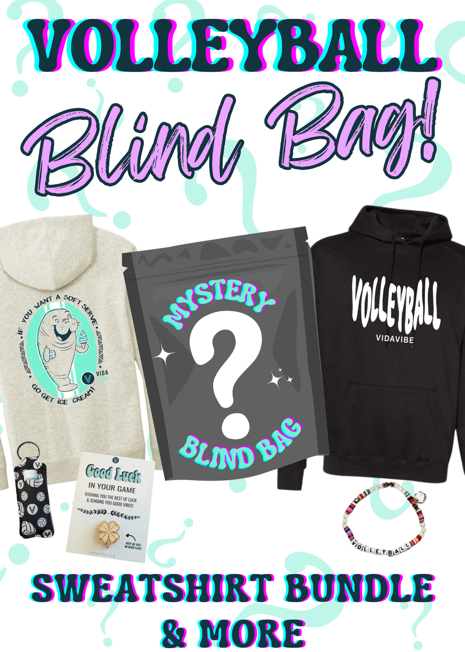 Volleyball-themed sweatshirt bundle with a mystery bag on a colorful background